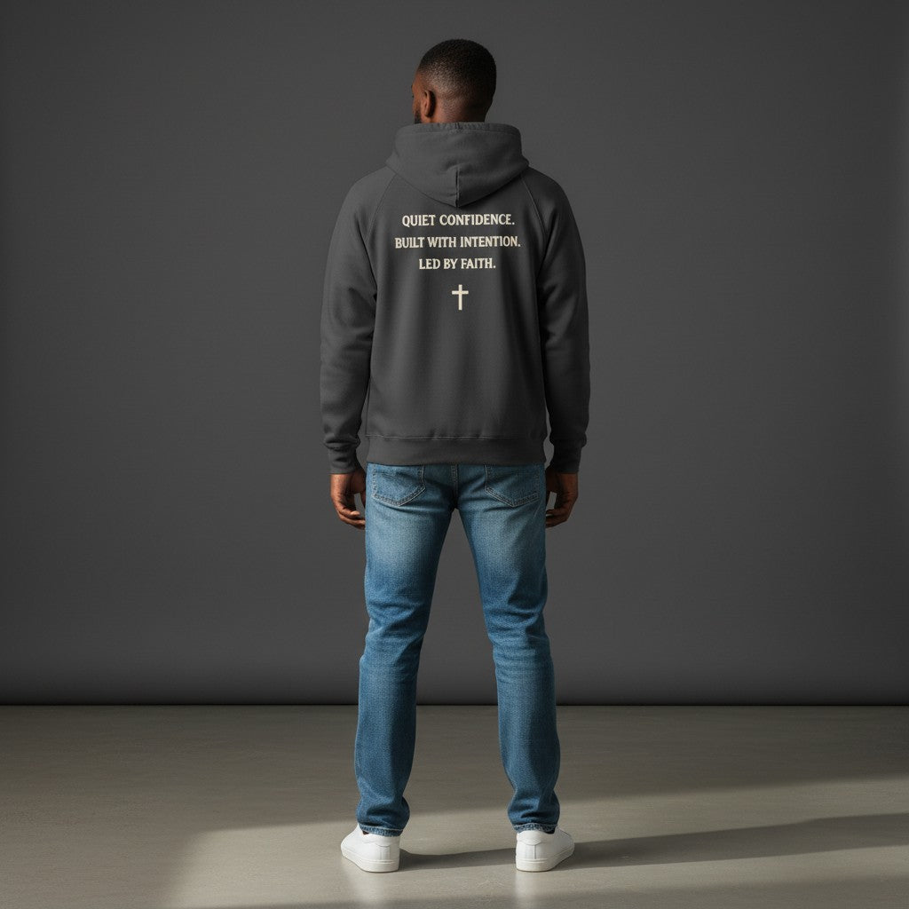 Omina Studio dark grey heavyweight cotton pullover hoodie with "Quiet Confidence. Built With Intention. Led By Faith." text and a cross graphic.