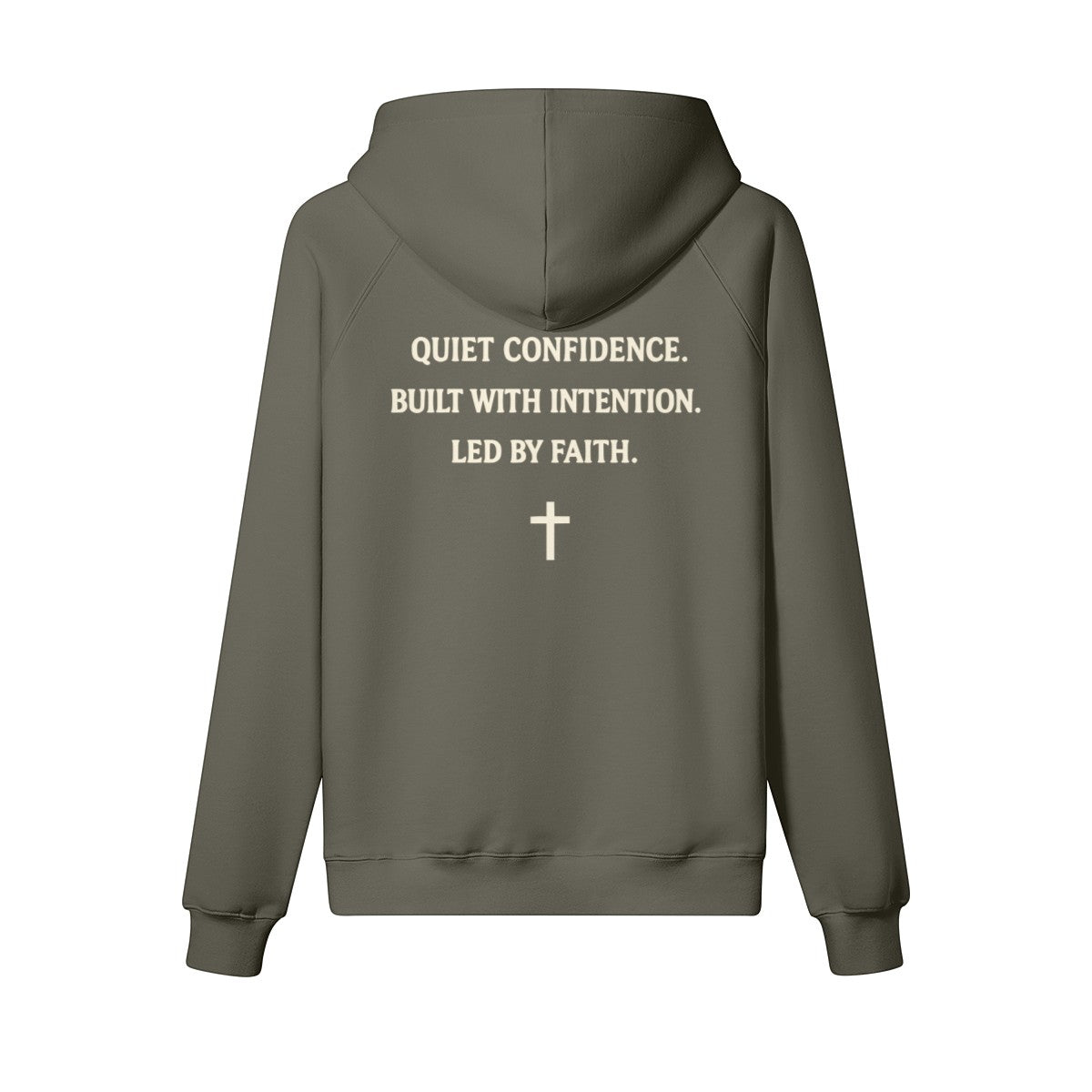 Omina Studio olive green heavyweight cotton pullover hoodie with "Quiet Confidence. Built With Intention. Led By Faith." text and a cross graphic.