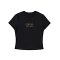 Omina Studio black cotton blend crewneck t-shirt with "Faith Over Fear" graphic concept. Cropped bodycon fit.