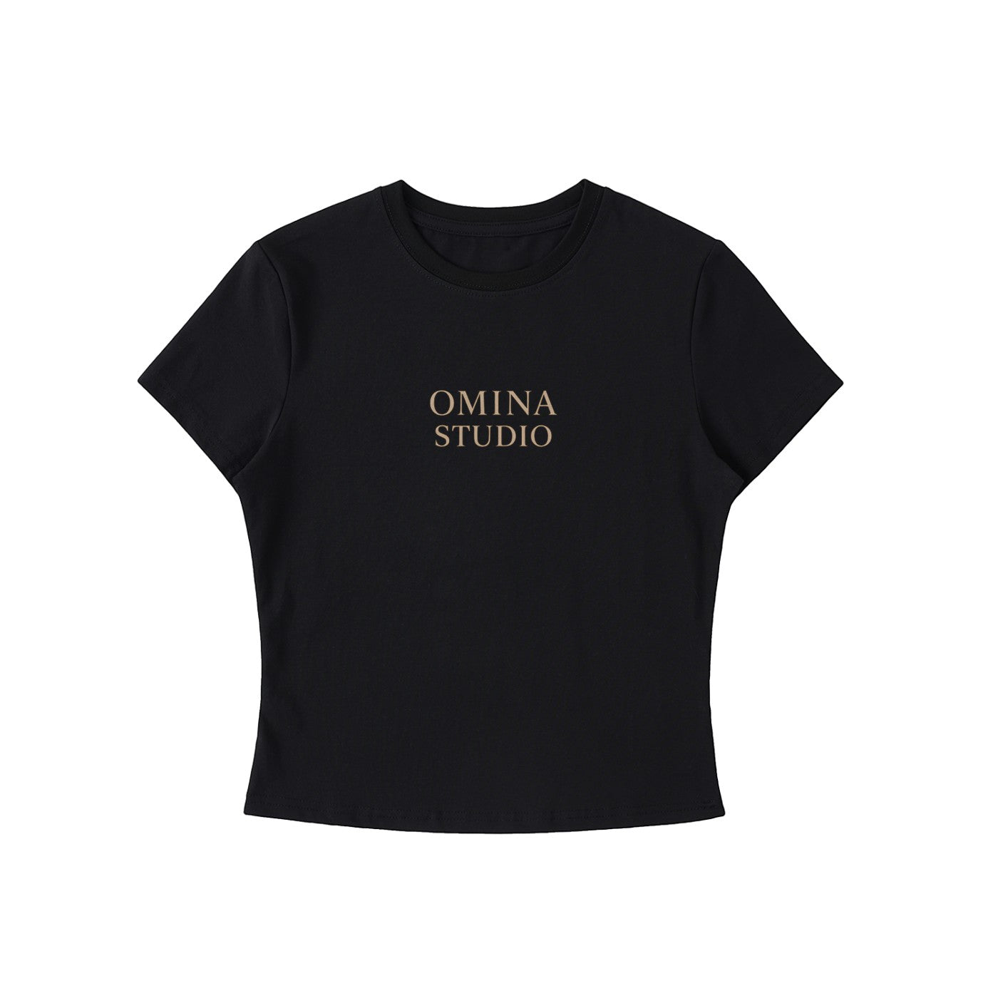 Omina Studio black cotton blend crewneck t-shirt with "Faith Over Fear" graphic concept. Cropped bodycon fit.