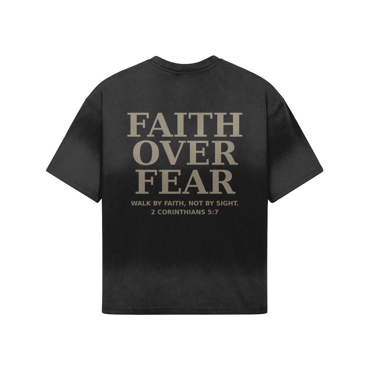 OMINA Studio black heavyweight cotton t-shirt with "FAITH OVER FEAR" graphic and Bible verse 2 Corinthians 5:7.