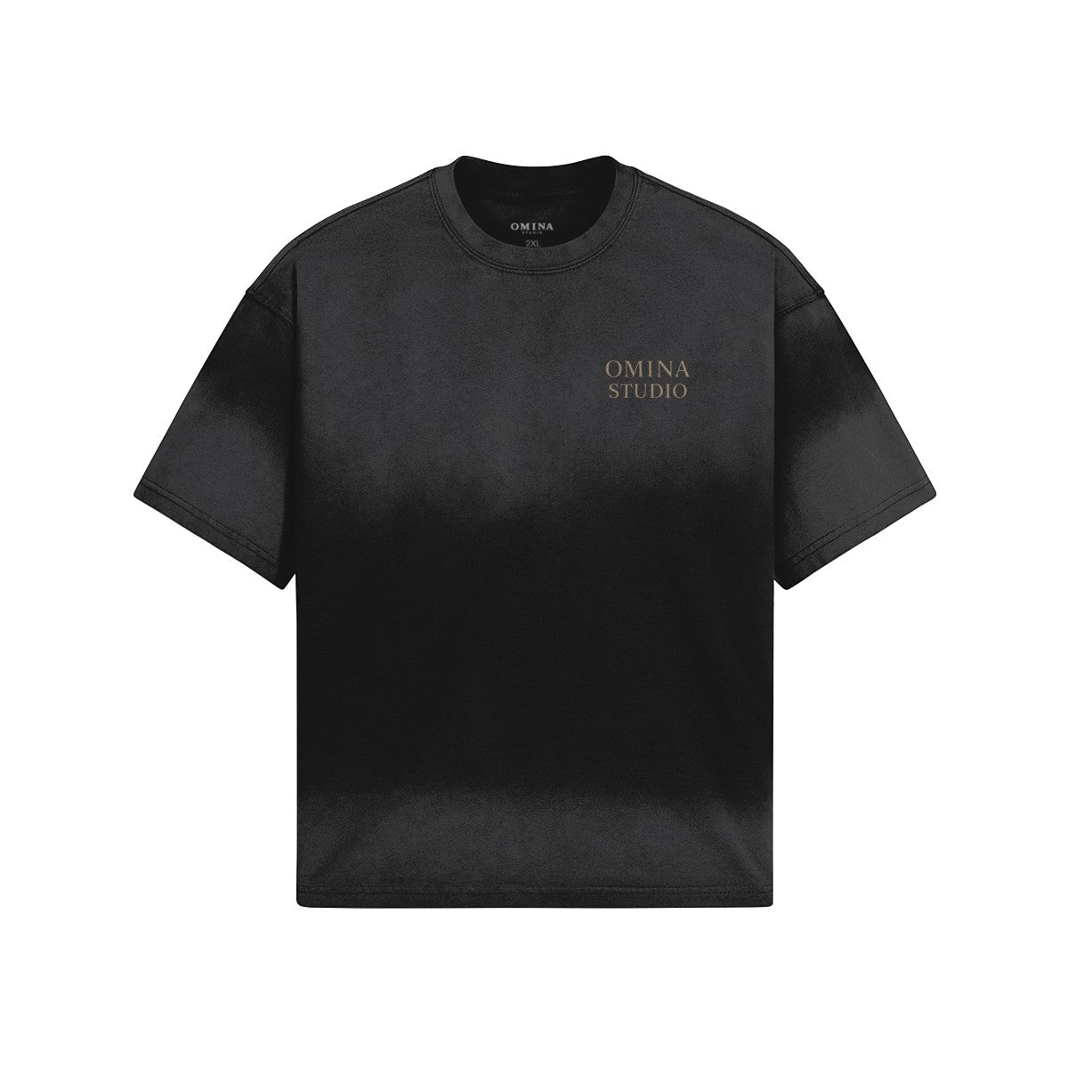 OMINA STUDIO black heavyweight cotton t-shirt with faded ombre effect and small logo graphic on chest.