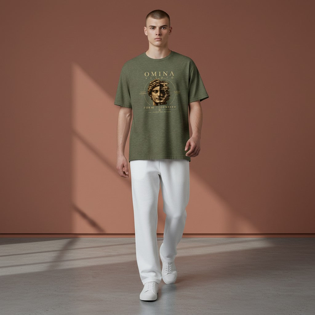Omina Form Identity Graphic T-Shirt in olive green cotton with a classical bust graphic.