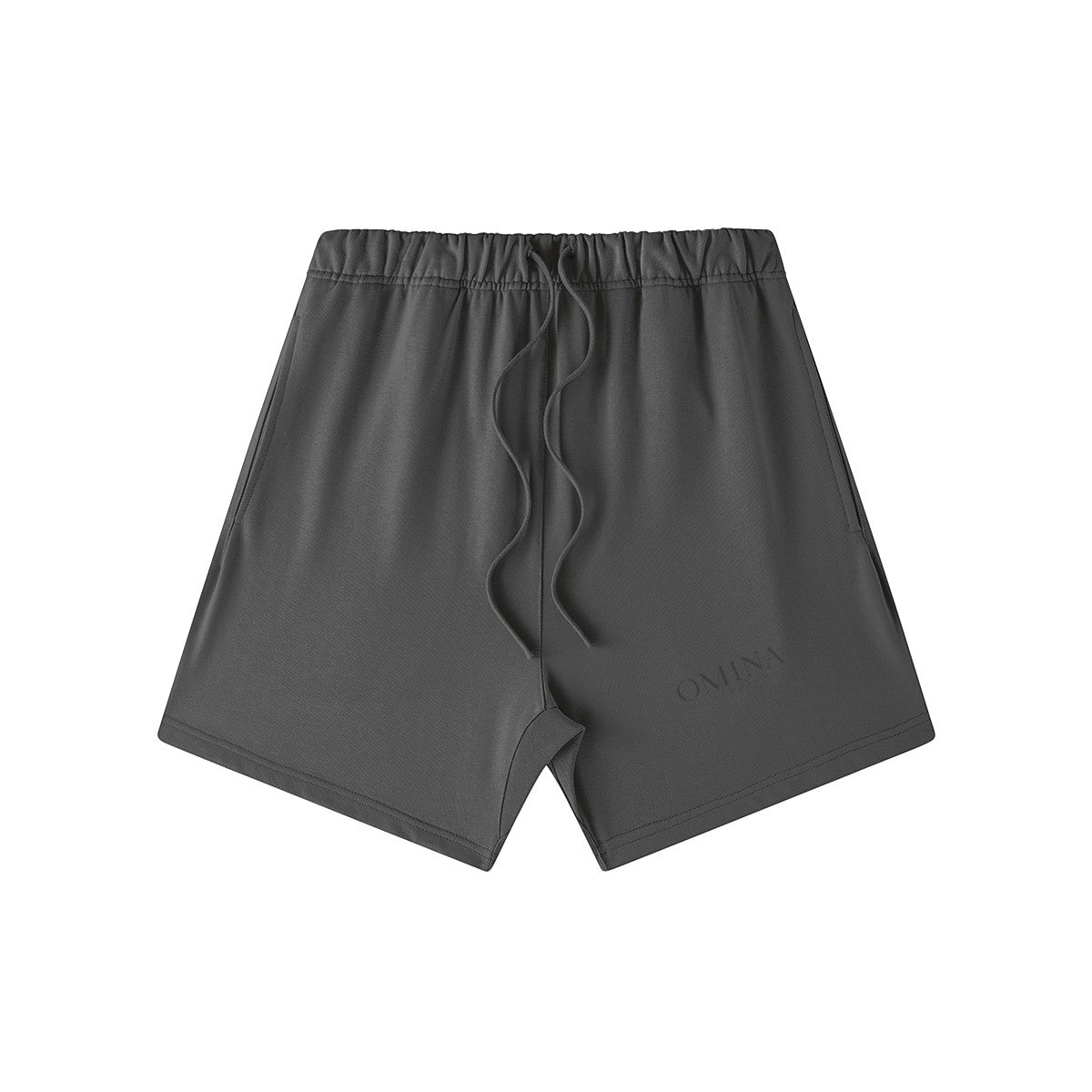 Omina Studio charcoal grey heavyweight French terry shorts with drawstring waist and subtle logo detail.