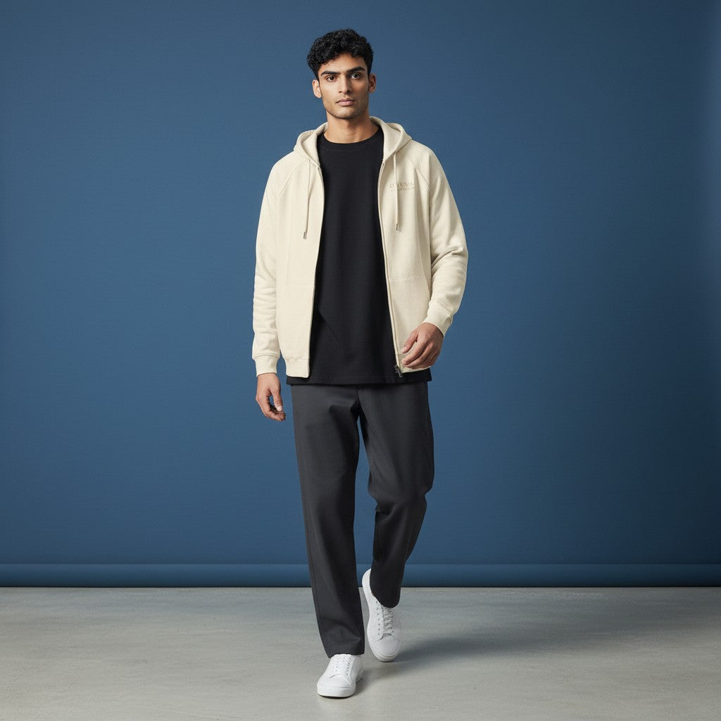 Omina Essentials cream heavyweight combed cotton full-zip hoodie with raglan sleeves and kangaroo pocket.