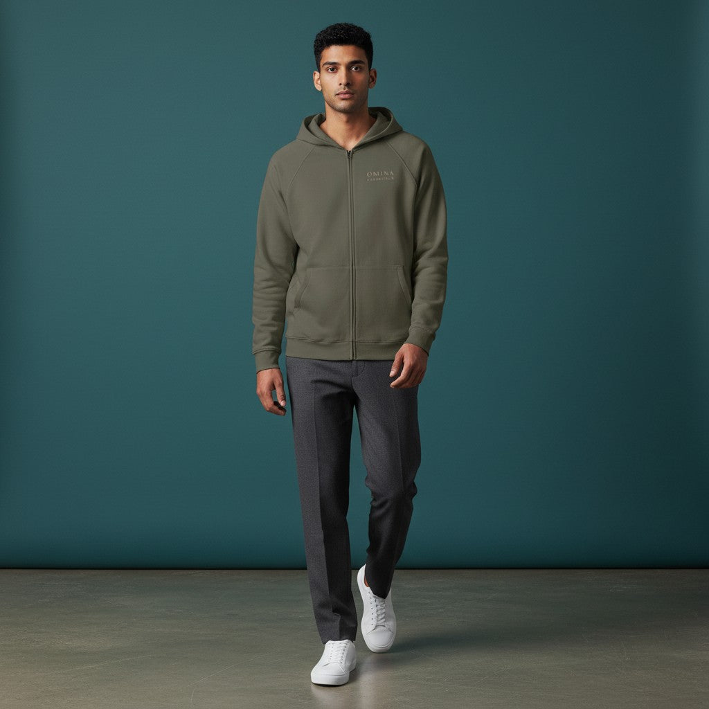 Omina olive green heavyweight combed cotton full-zip hoodie with raglan sleeves and kangaroo pocket.