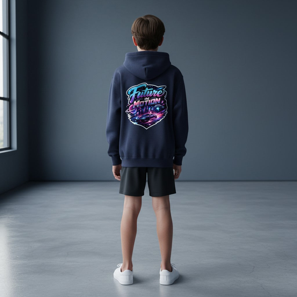 Omina navy blue youth full zip hoodie with "Future In Motion" graphic featuring a futuristic car and planets.