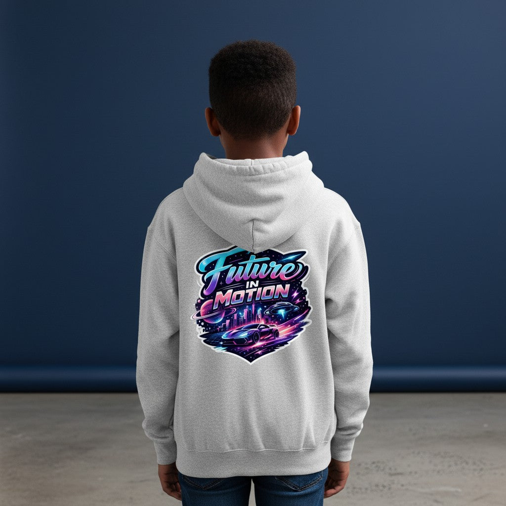 Omina grey youth full zip hoodie with a vibrant "Future In Motion" graphic on the back featuring a futuristic car, cityscape, and UFOs.