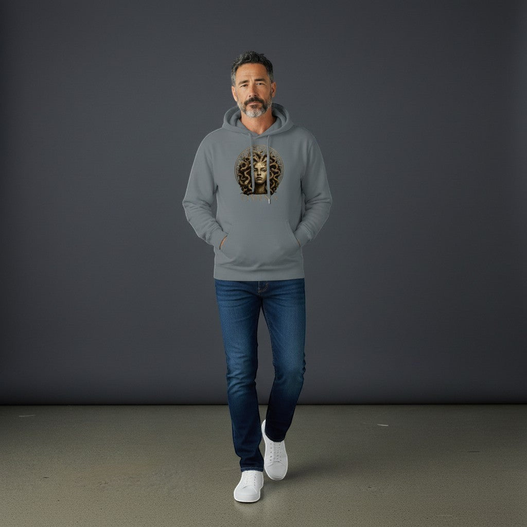 Omina Graphic Medusa Hoodie Sweatshirt in heather grey, featuring a metallic gold Medusa graphic. Relaxed fit with drawstring hood and kangaroo pocket.