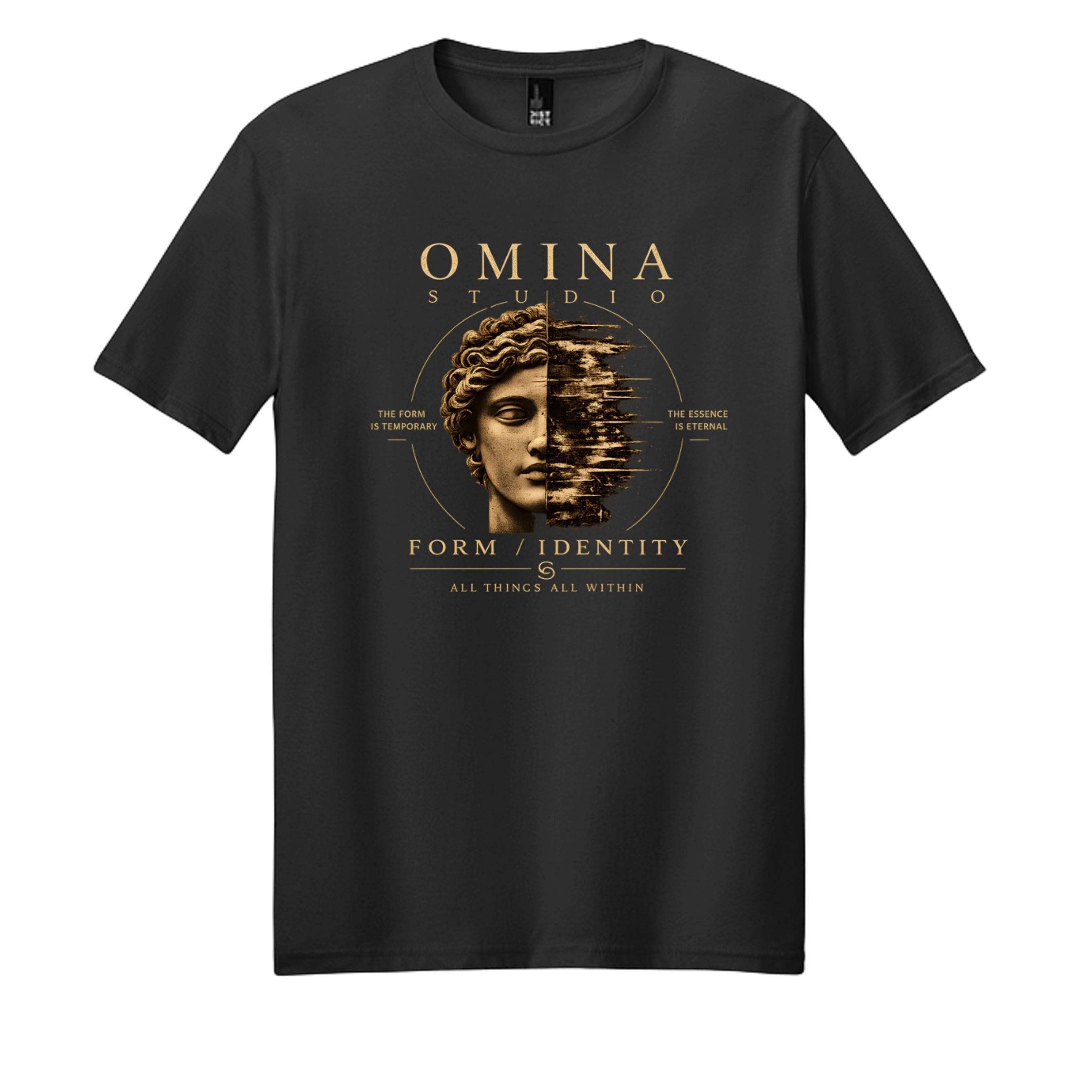 Omina black cotton t-shirt with a graphic print of a classical bust split in half, with text "FORM / IDENTITY".