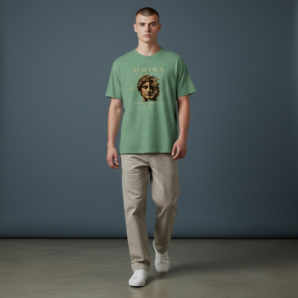 Omina Studio graphic t-shirt in heathered green cotton featuring a split classical bust graphic with text.