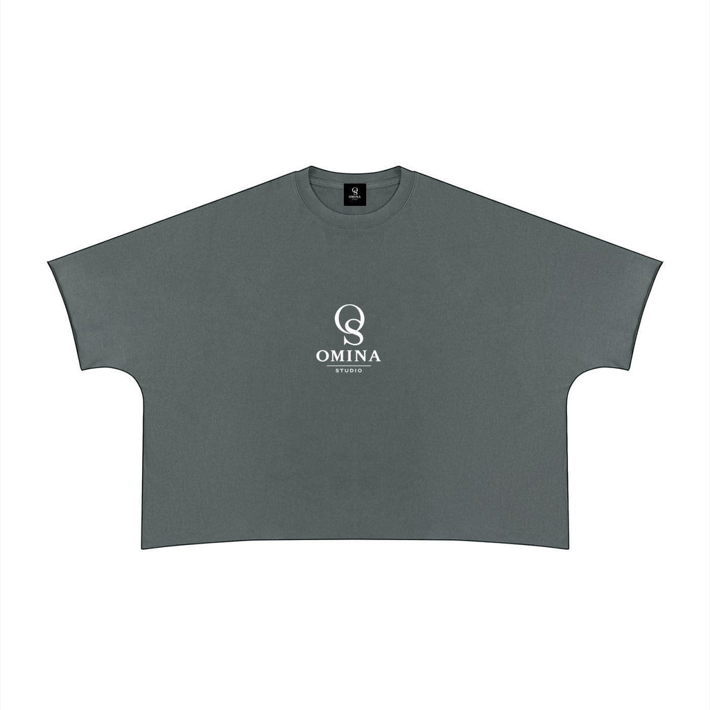 Omina unisex heavyweight grey 100% cotton t-shirt with raw edge hem and white logo print on chest.