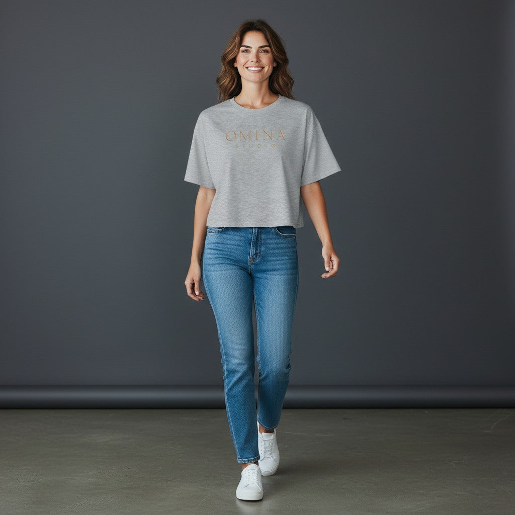 Omina Studio women's light grey 100% cotton crop top with oversized sleeves and embroidered logo.