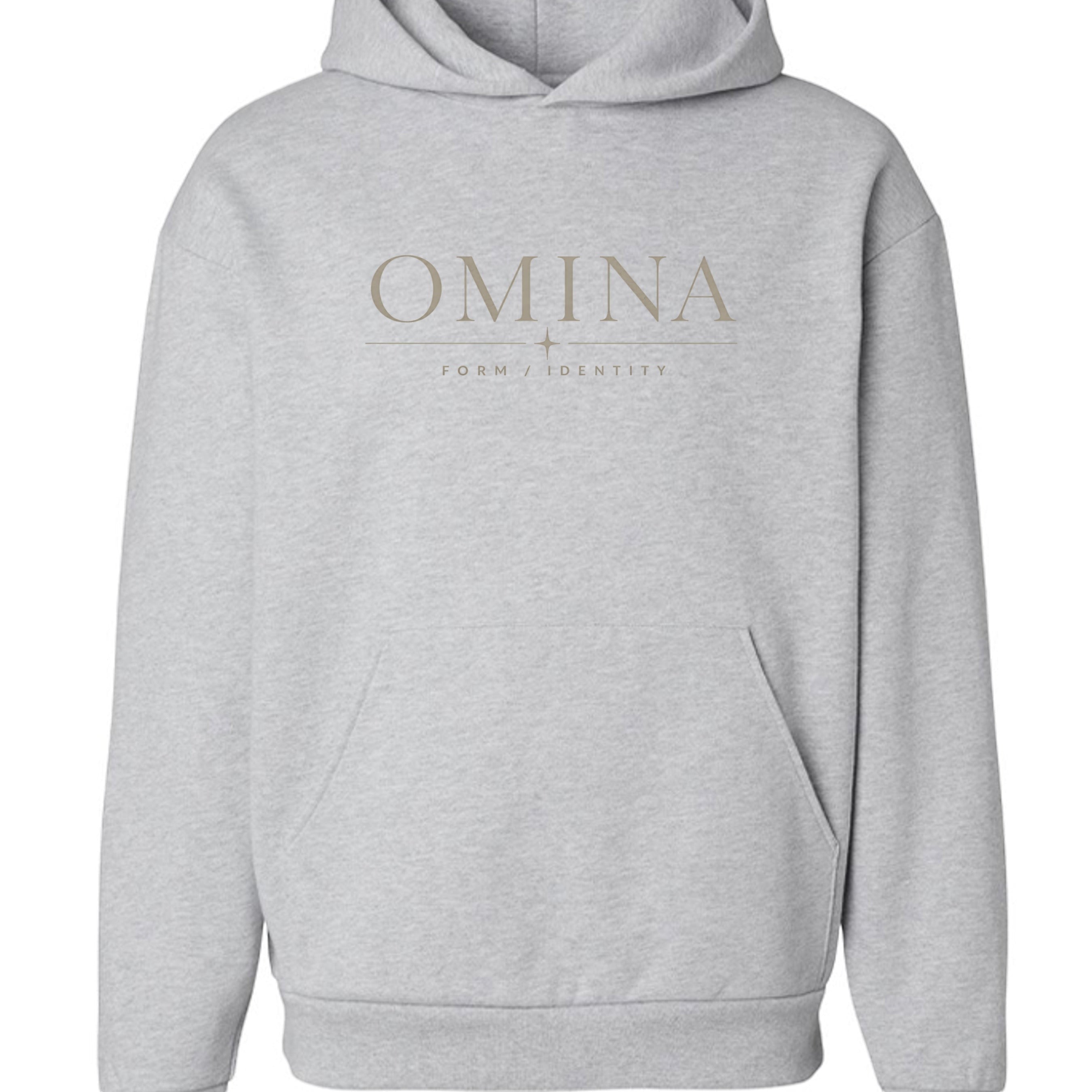 Omina grey cotton blend hoodie with "OMINA FORM / IDENTITY" graphic print on chest.