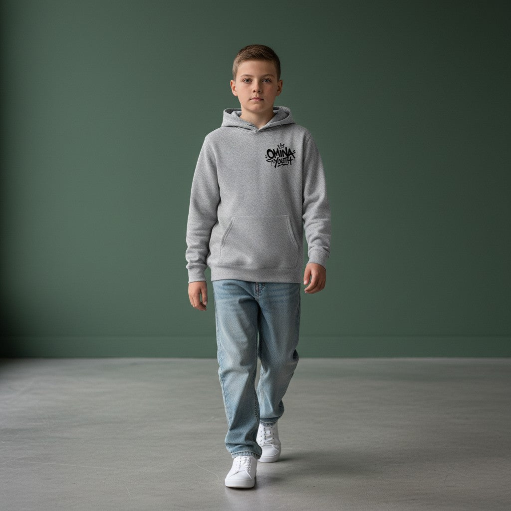 Omina grey heavyweight cotton blend youth hoodie with black graffiti-style logo on chest. Relaxed fit.