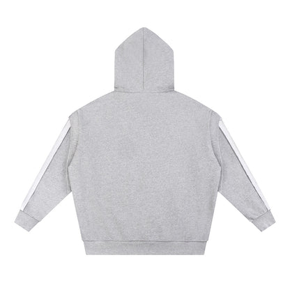 Omina grey cotton-blend zip hoodie with contrast tape detail on sleeves and raw edge finish. Oversized fit.