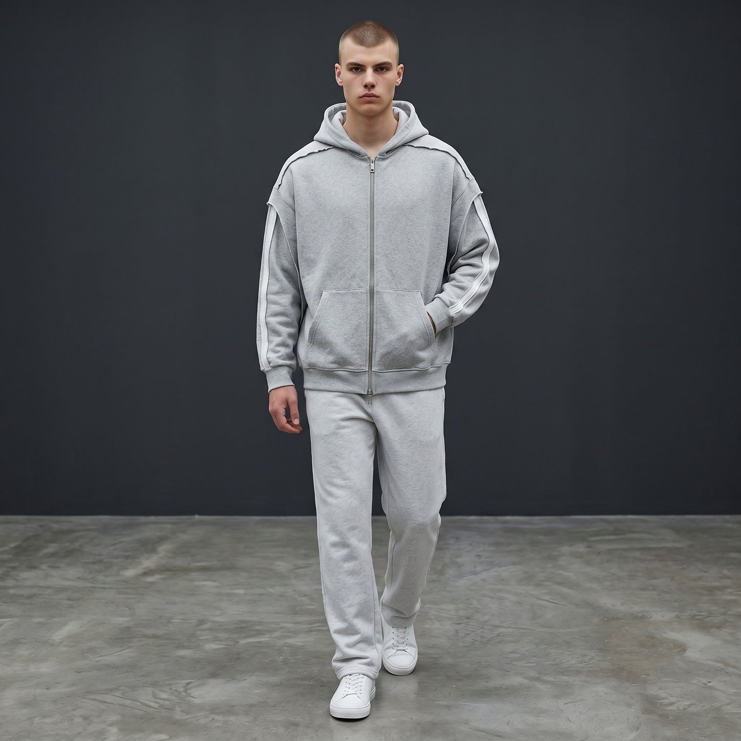 Omina grey cotton-blend zip-up hoodie with raw edge detailing and contrast tape on sleeves. Oversized fit.