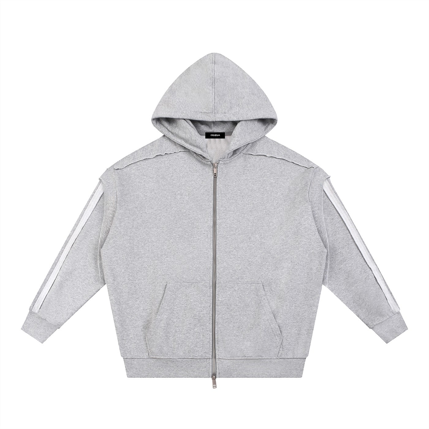 Omina grey cotton-blend zip-up hoodie with raw edge detailing and contrast tape on sleeves. Oversized fit.