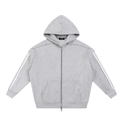 Omina grey cotton-blend zip-up hoodie with raw edge detailing and contrast tape on sleeves. Oversized fit.