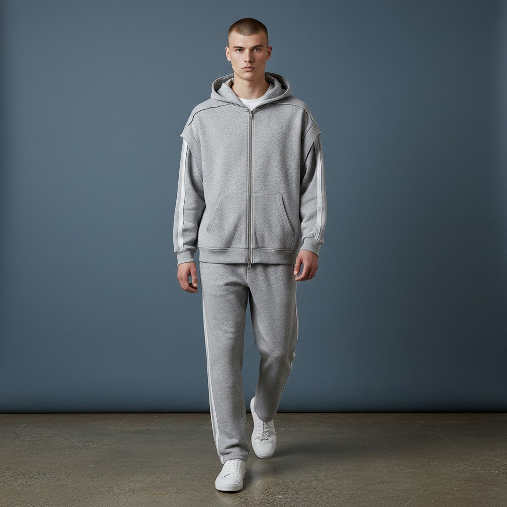 Omina grey cotton blend zip-up hoodie with raw edge detailing and contrast tape on sleeves. Oversized fit.