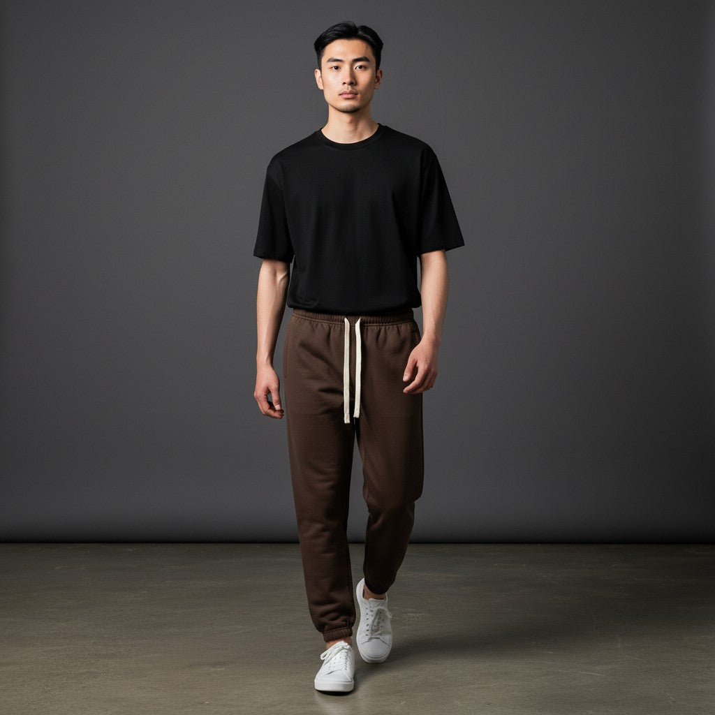 Omina Essentials heavyweight cotton sweatpants in dark brown with a cream drawstring and ribbed cuffs. Relaxed fit.