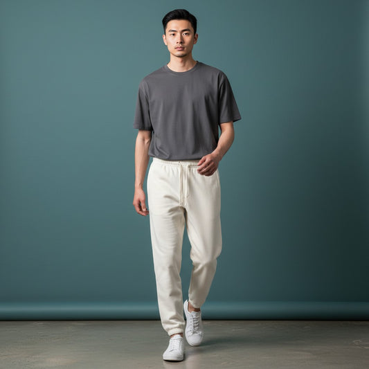 OMINA Essentials heavyweight cotton sweatpants in off-white with drawstring waist and ribbed cuffs.