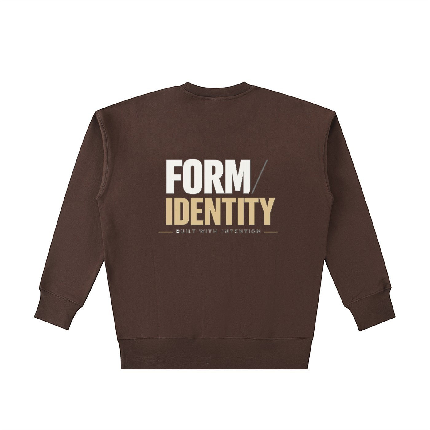 OMINA Studio brown heavyweight cotton sweatshirt with "FORM / IDENTITY - BUILT WITH INTENTION" graphic on back.
