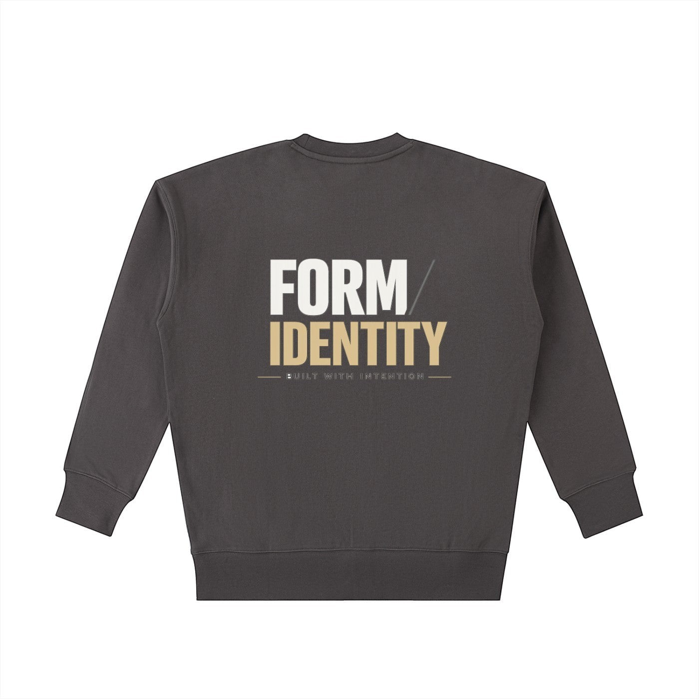OMINA Studio heavyweight cotton sweatshirt in charcoal grey with "FORM / IDENTITY BUILT WITH INTENTION" graphic on back.