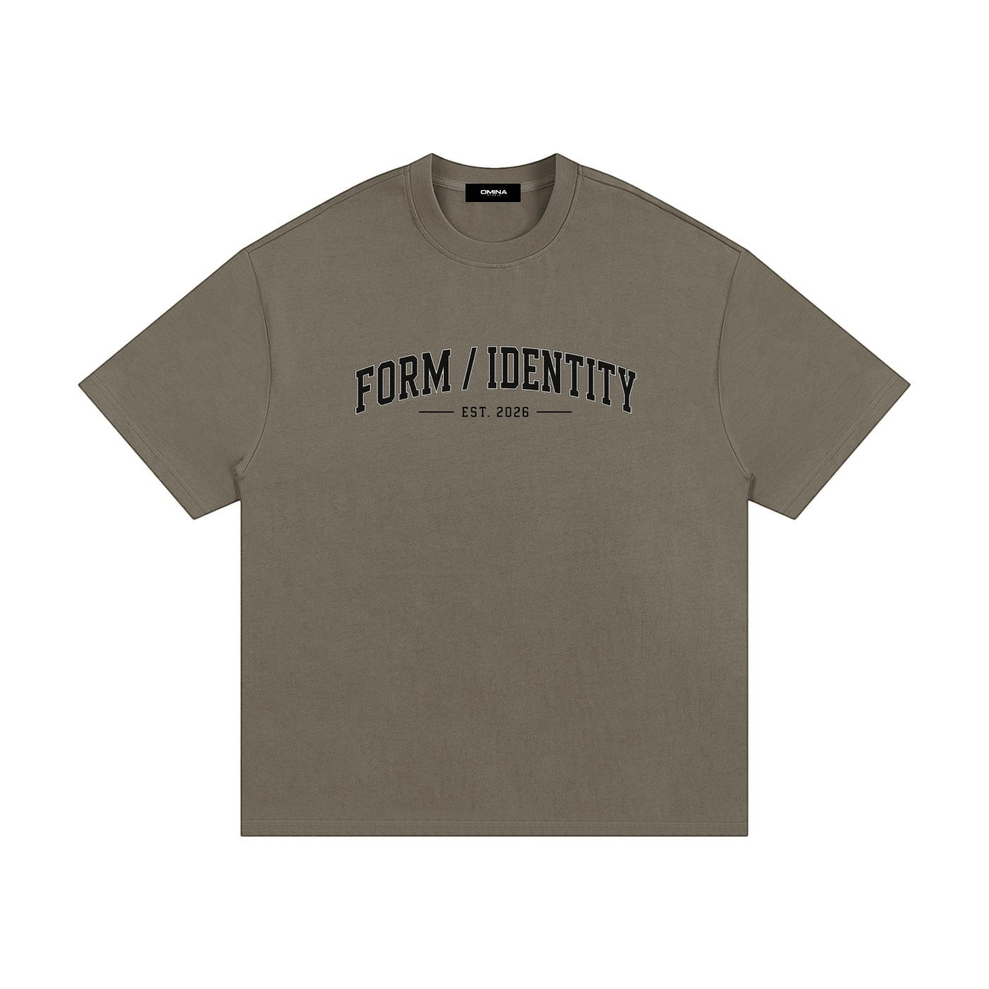 Omina Studio heavyweight cotton t-shirt in olive green with "FORM / IDENTITY EST. 2026" graphic on front.