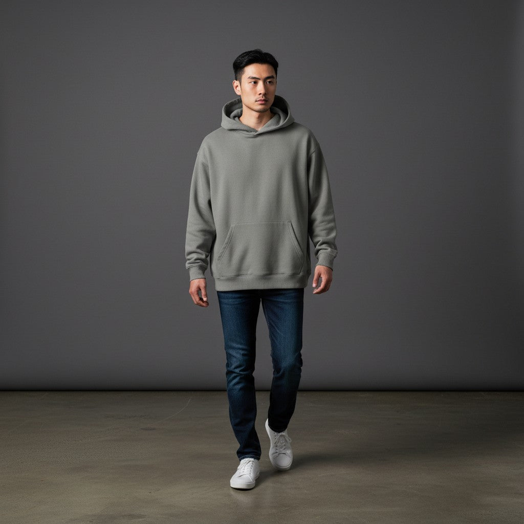 Omina Studio grey heavyweight fleece drop-shoulder hoodie with front pocket and double-layer hood.