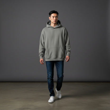 Omina Studio grey heavyweight fleece drop-shoulder hoodie with front pocket and double-layer hood.