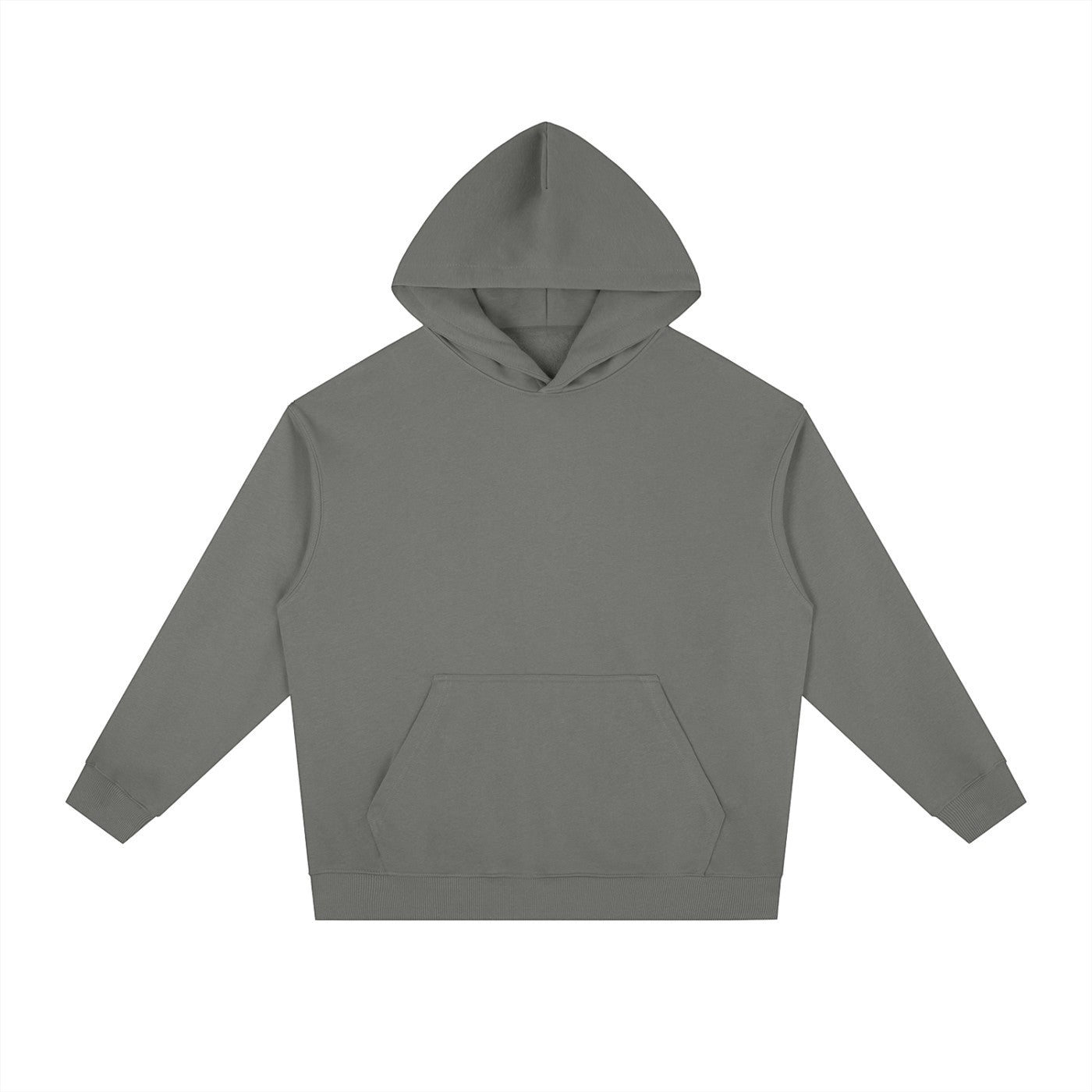 Omina Studio grey heavyweight fleece drop-shoulder hoodie with front pocket and double-layer hood.