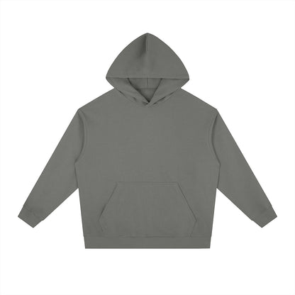 Omina Studio grey heavyweight fleece drop-shoulder hoodie with front pocket and double-layer hood.