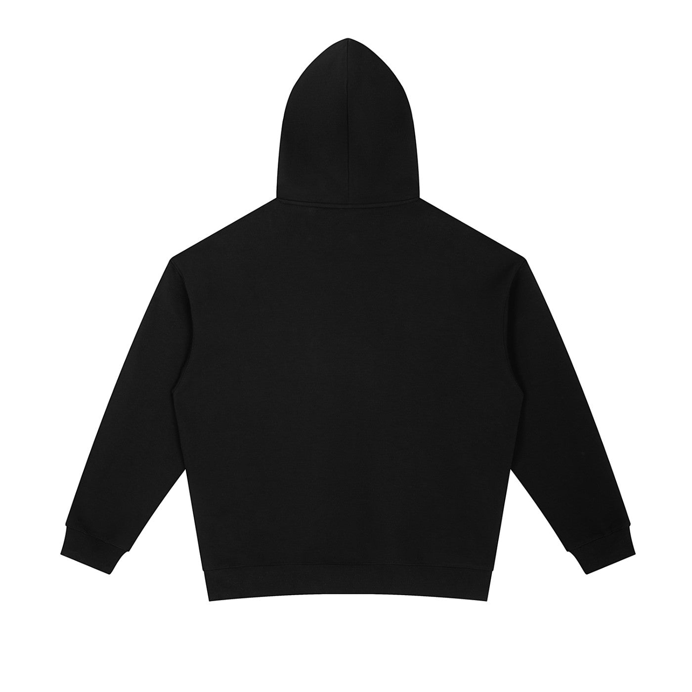 Omina black heavyweight cotton blend hoodie with oversized fit, drop shoulders, and kangaroo pocket.