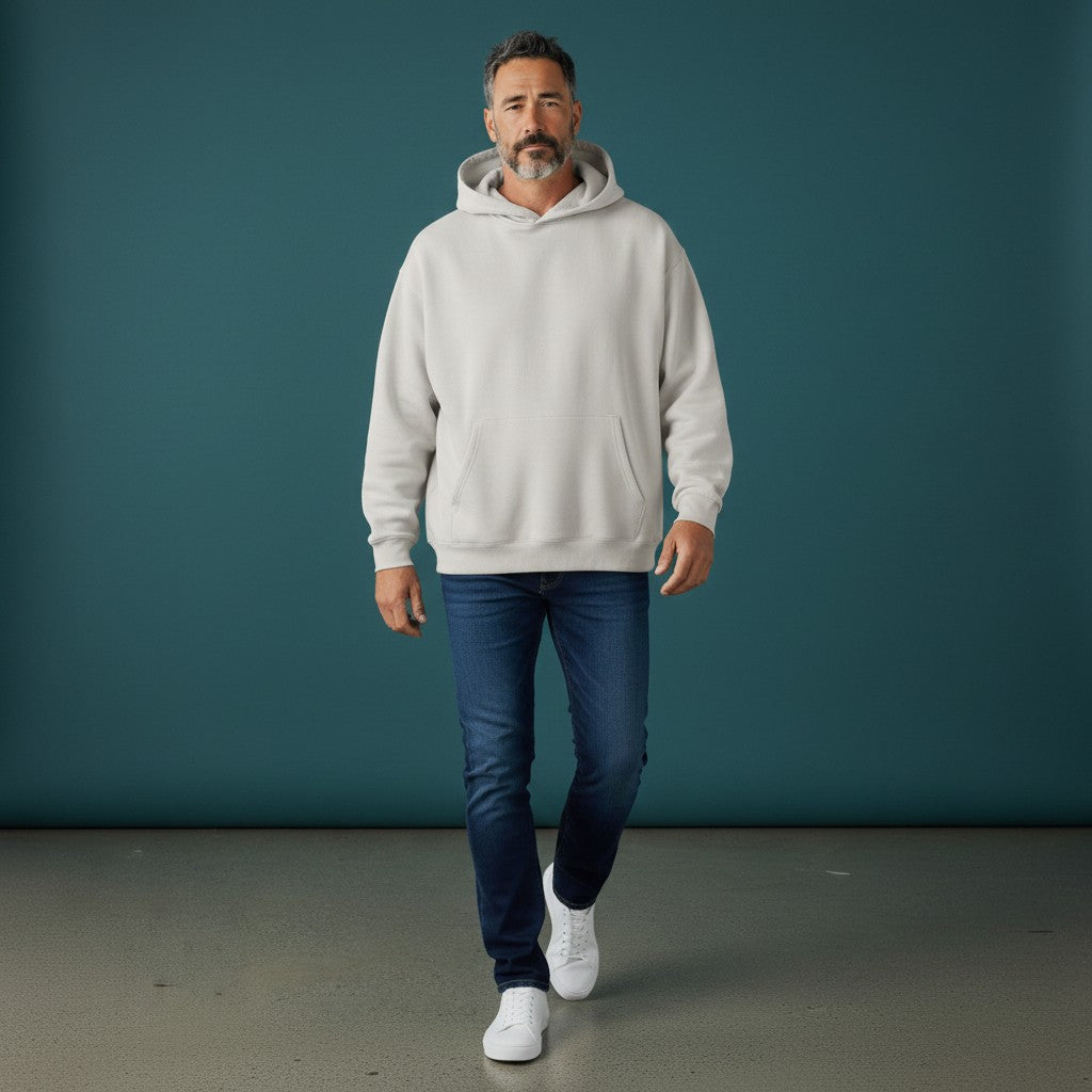 Omina light grey heavyweight cotton blend oversized hoodie with kangaroo pocket and hood.