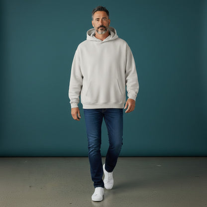 Omina light grey heavyweight cotton blend oversized hoodie with kangaroo pocket and hood.