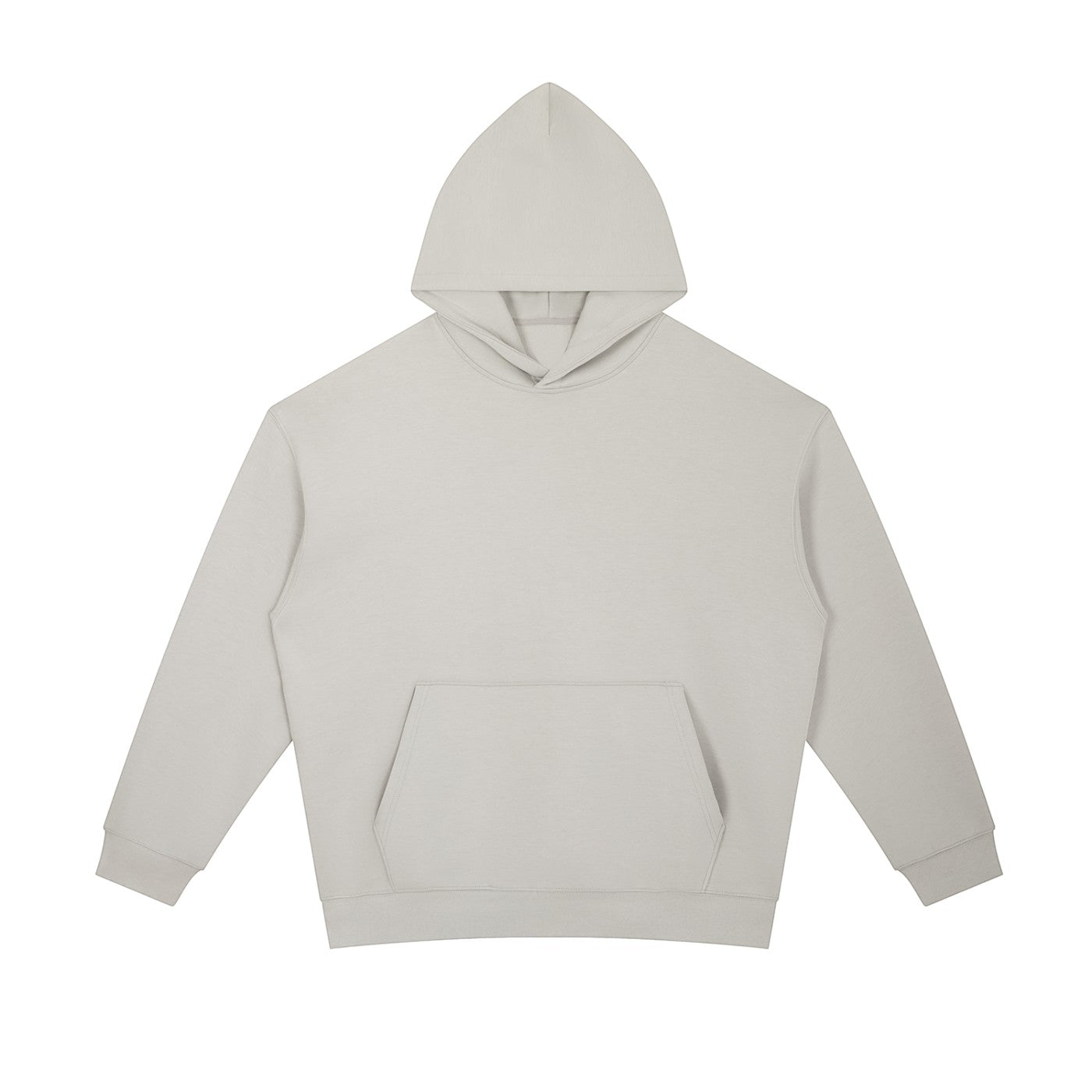 Omina light grey heavyweight cotton blend hoodie with oversized fit, drop shoulders, and kangaroo pocket.
