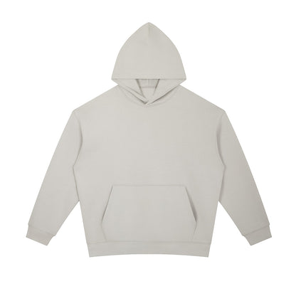 Omina light grey heavyweight cotton blend hoodie with oversized fit, drop shoulders, and kangaroo pocket.
