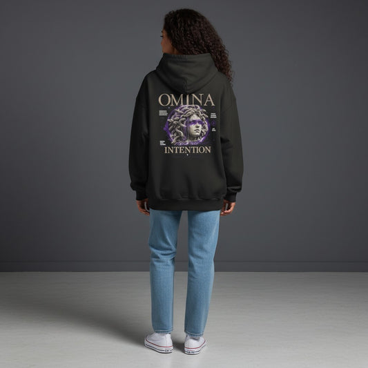 OMINA Studio black heavyweight cotton hoodie with a large graphic of Medusa and the text "Move With Intention" on the back.
