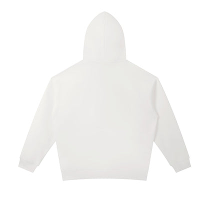 Omina white heavyweight cotton blend hoodie with oversized fit, drop shoulders, and kangaroo pocket.