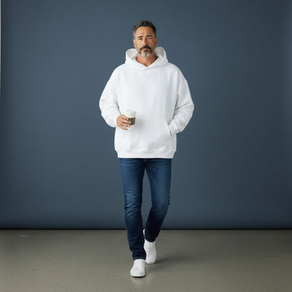 Omina white heavyweight cotton blend hoodie with oversized fit, drop shoulders, and kangaroo pocket.