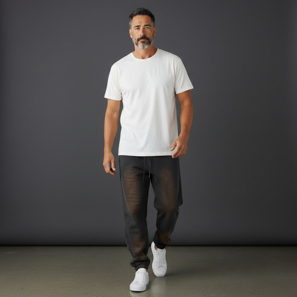 Omina Studio vintage-inspired heavyweight fleece sweatpants in charcoal with a washed-out effect and adjustable drawstring.