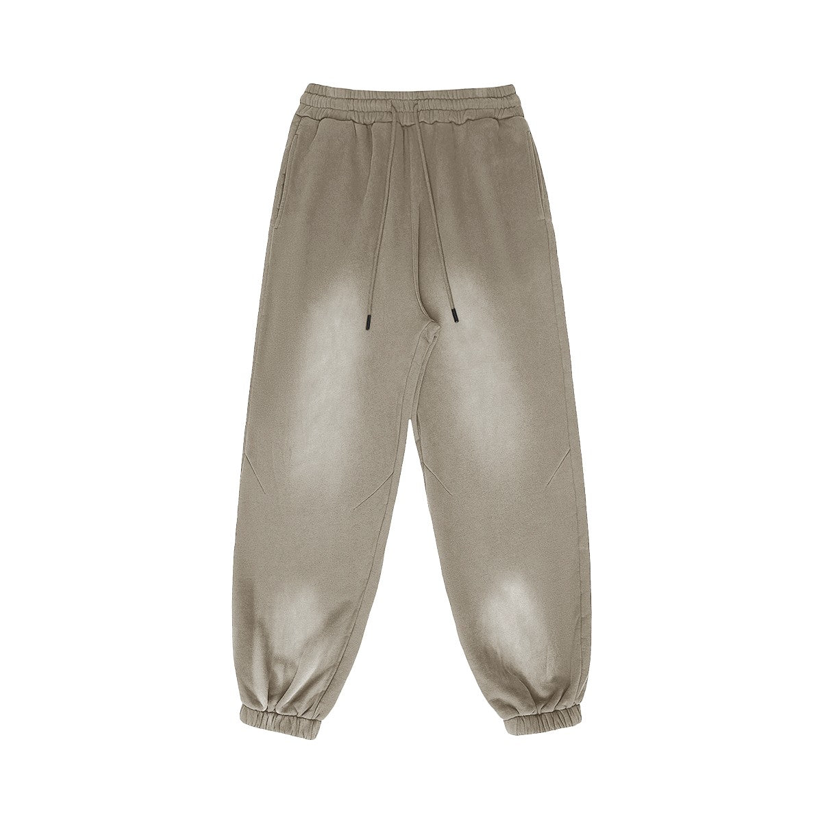 Omina Studio vintage-inspired heavyweight fleece sweatpants in a washed taupe color with elastic waistband and drawstrings.