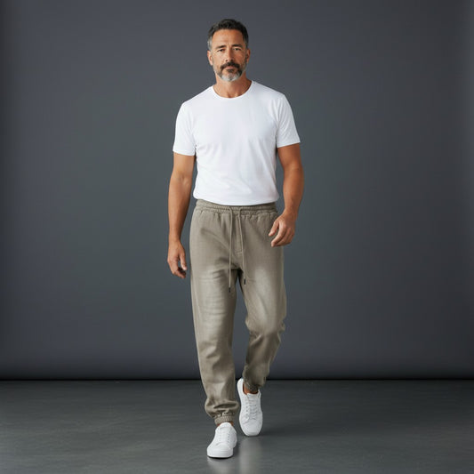 Omina Studio vintage-inspired heavyweight fleece sweatpants in a washed taupe color with an elastic waistband and drawstrings.
