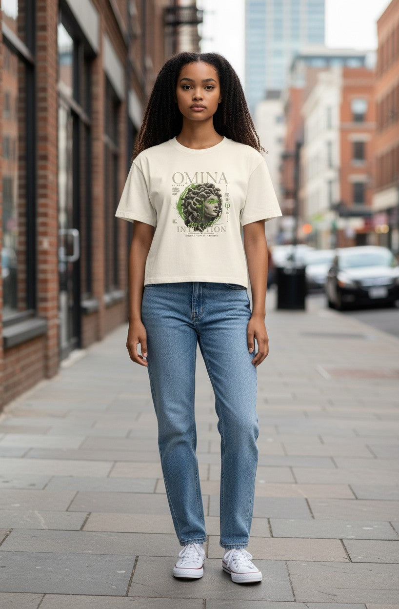 Omina Studio cream heavyweight tee with a bold Medusa head graphic and