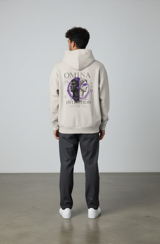 Omina Studio ivory heavyweight cotton-blend pullover hoodie with graphic print of two busts and text.