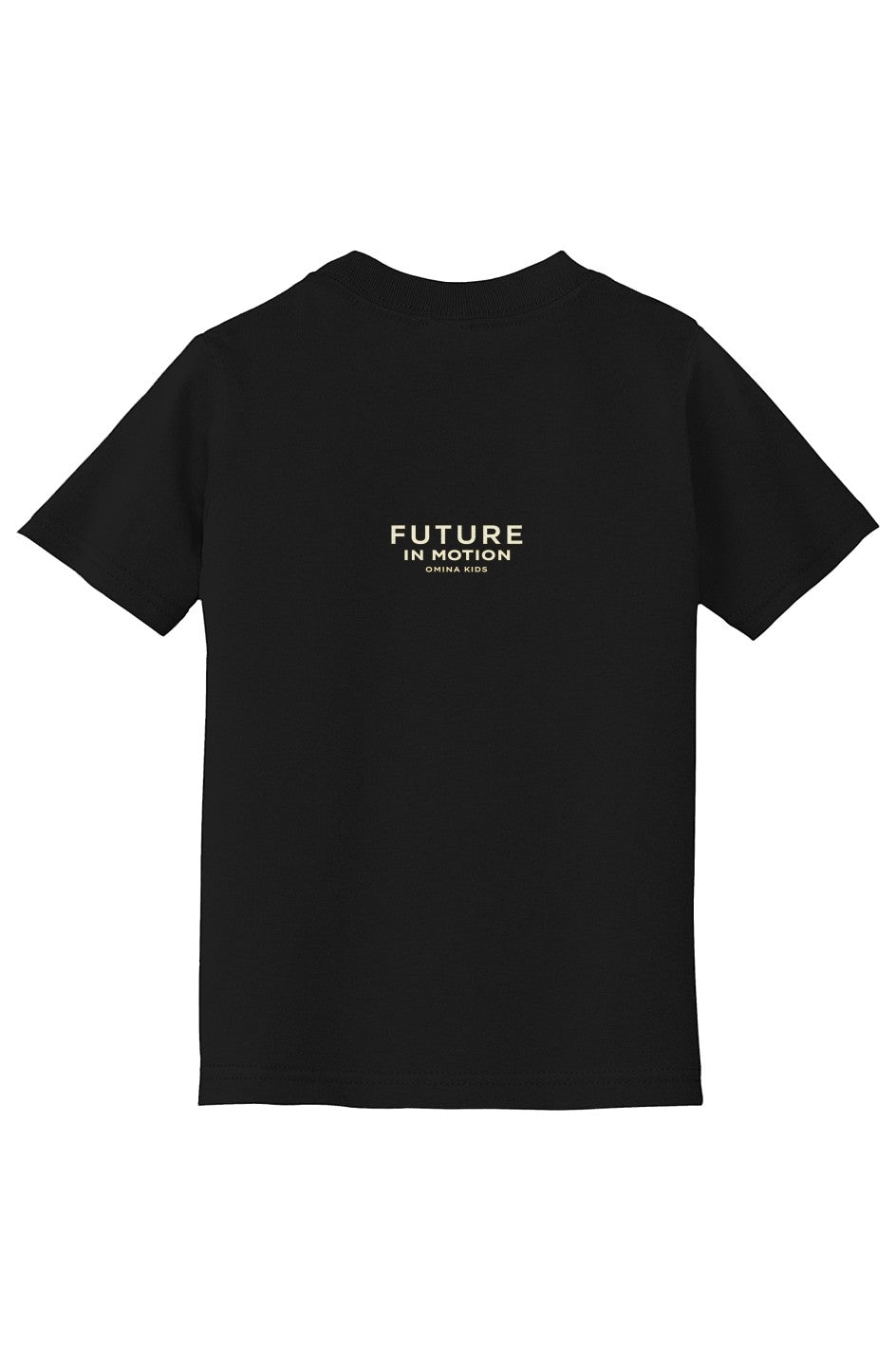 OMINA Kids black cotton t-shirt with "FUTURE IN MOTION OMINA KIDS" text on back. Relaxed fit, breathable, lightweight.