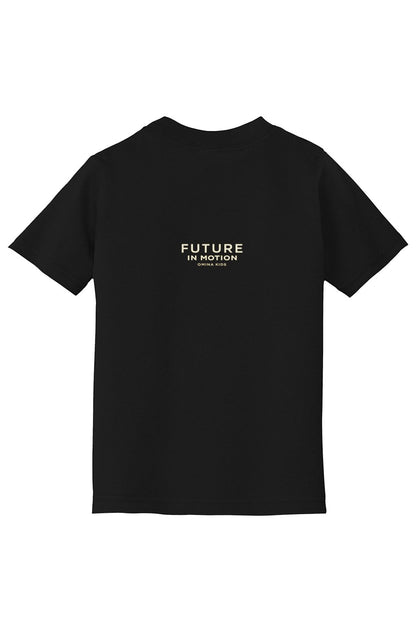 OMINA Kids black cotton t-shirt with "FUTURE IN MOTION OMINA KIDS" text on back. Relaxed fit, breathable, lightweight.