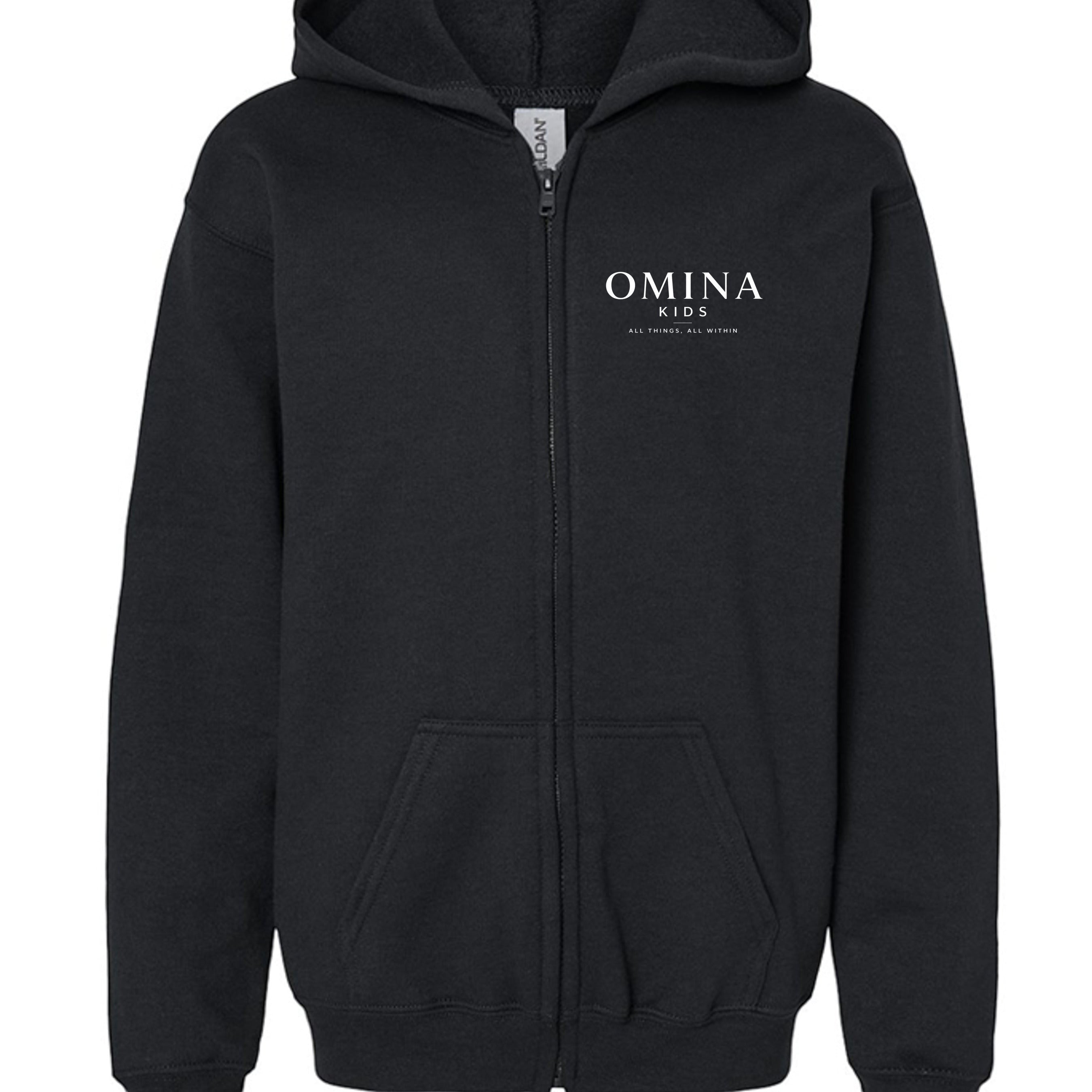 Omina Kids black full zip hoodie with minimalist chest logo and "Future In Motion" graphic on back. Relaxed fit, midweight cotton blend.