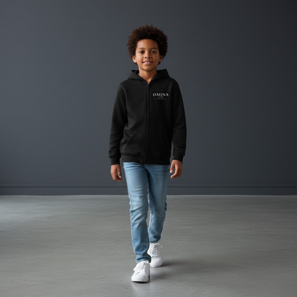 Omina Kids black full zip hoodie with minimalist chest logo and "Future In Motion" graphic on back. Made from midweight premium fabric.